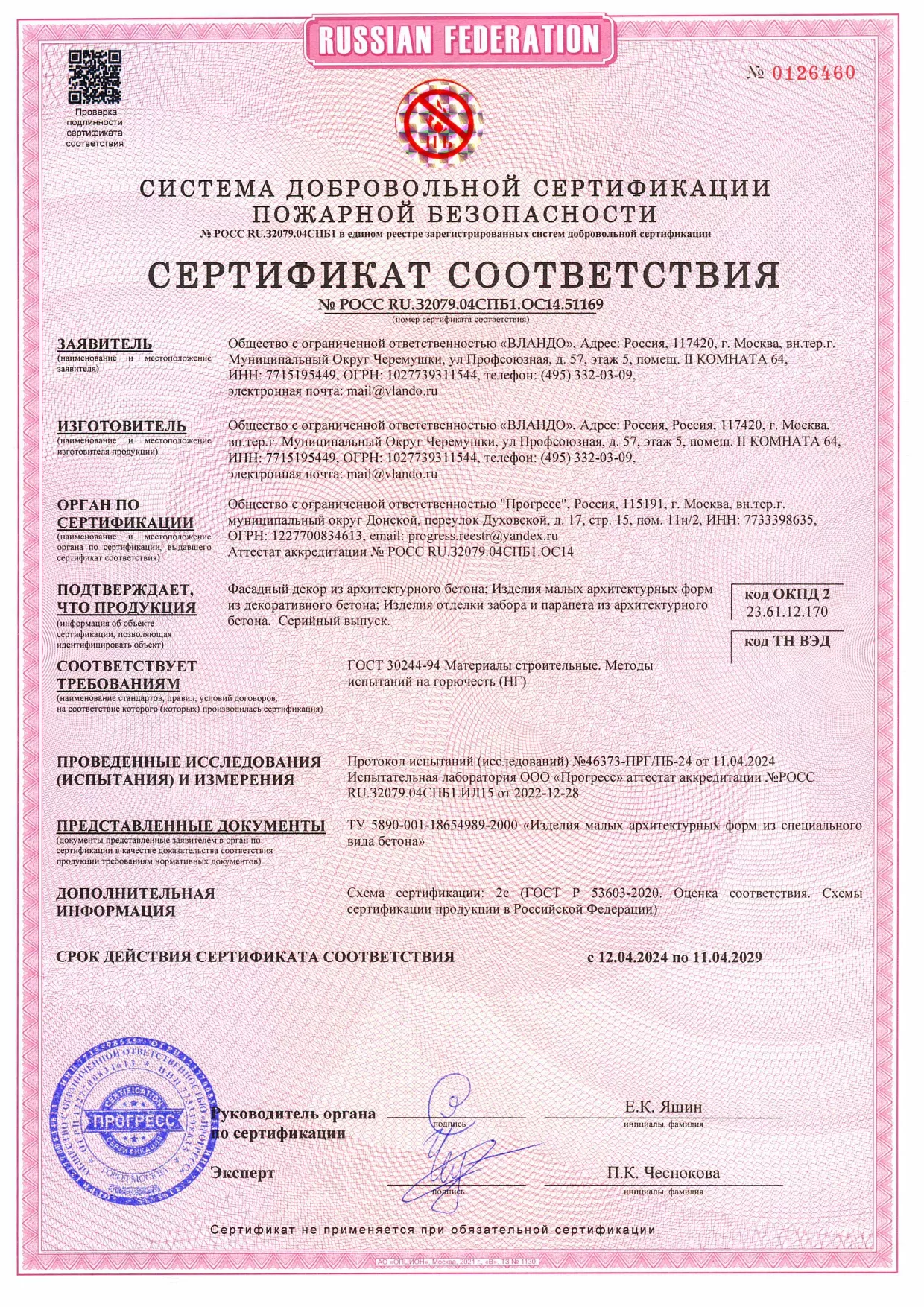Сертификат пожарной безопасности